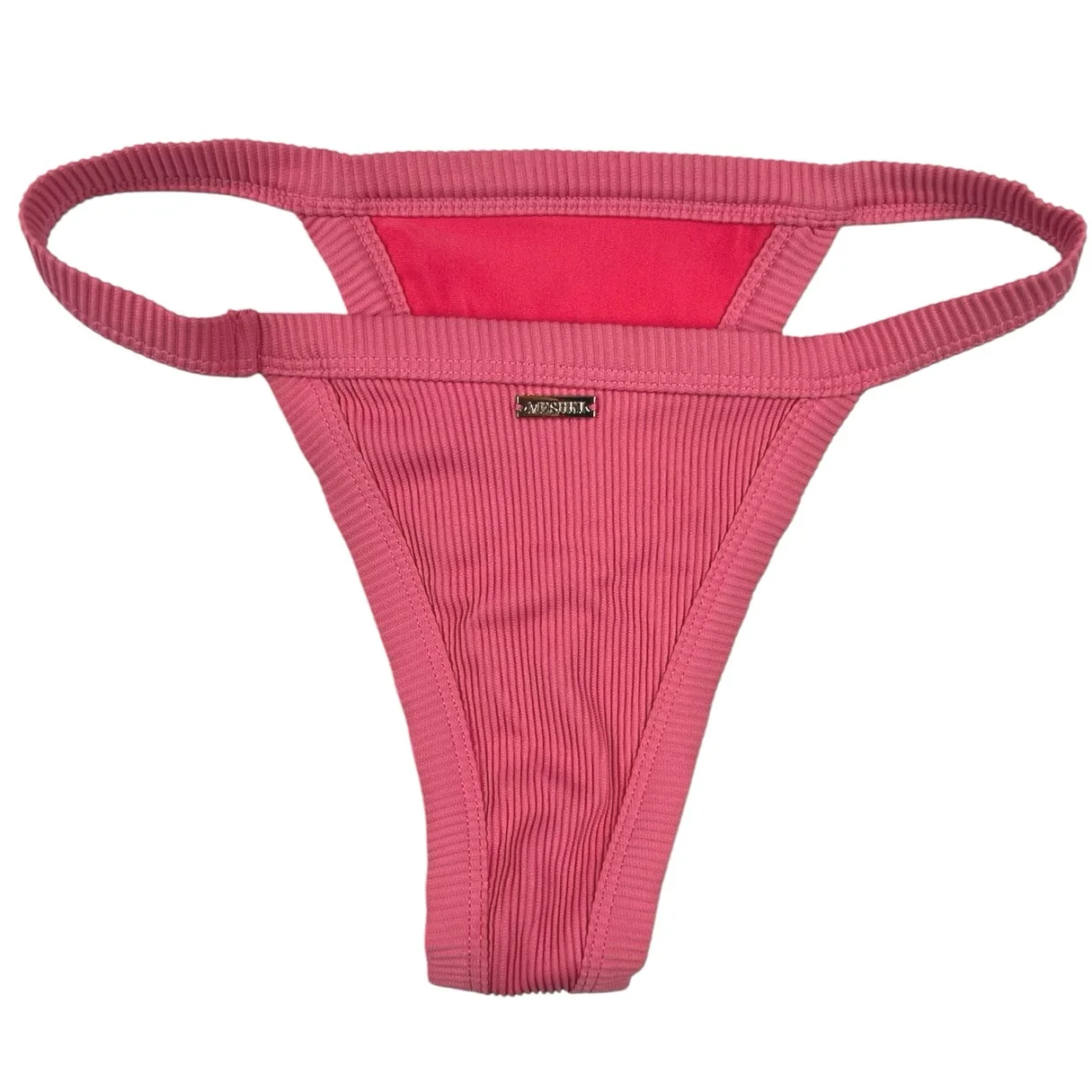 Meshki Pink Ribbed Knit 2 Piece Beach Swimsuit Swimwear Bikini Set Size L & M - Image 5