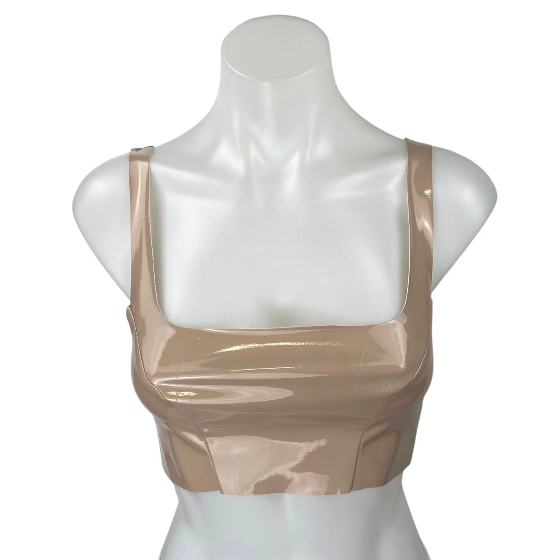 Meshki Tan Beige Khaki Patent Faux Leather Vegan Sleeveless Tank Crop Top Sz XS