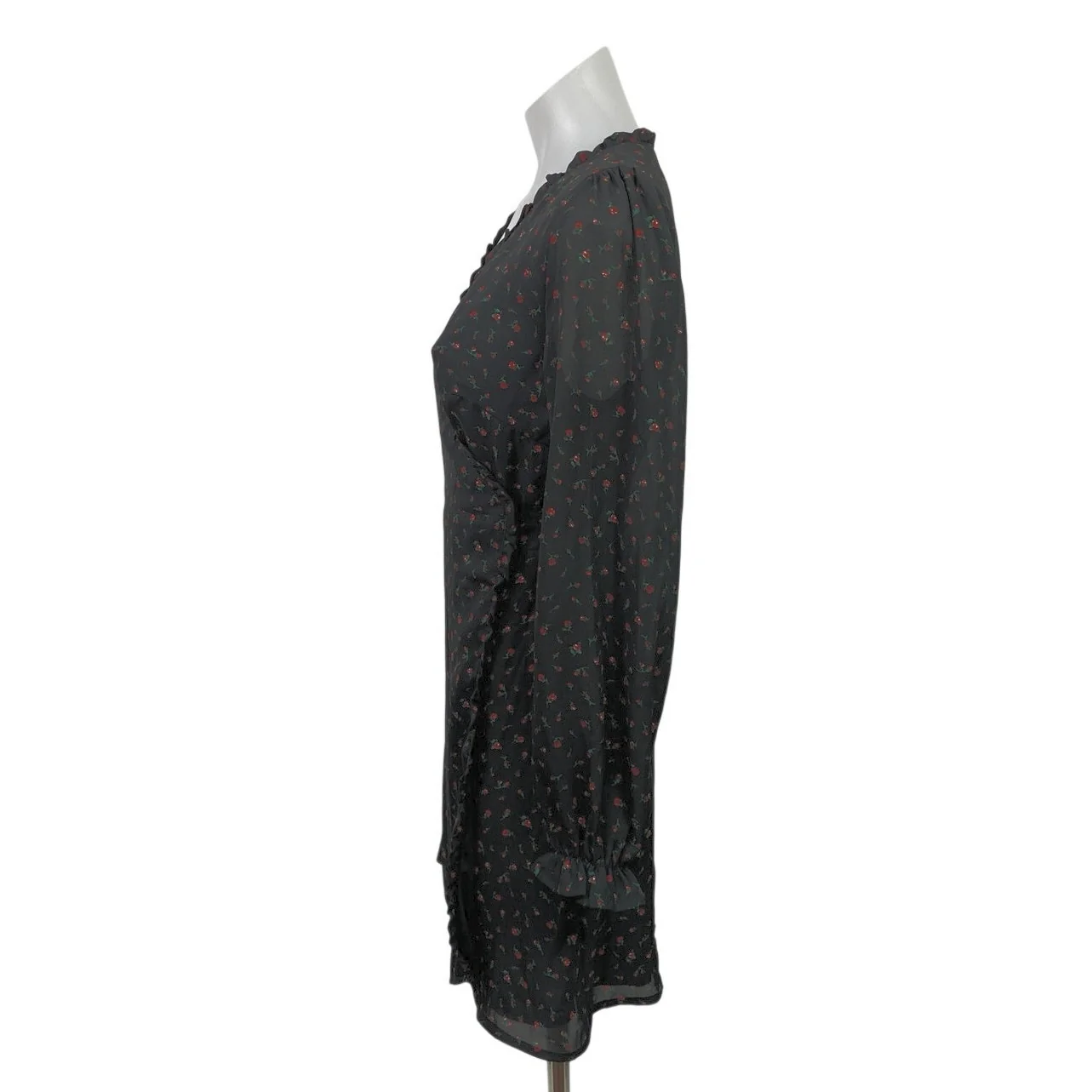Mi Ami Black Floral Long Sleeve Ruffle V Neck A Line Tie Wrap Mini Dress Size S - Image 2