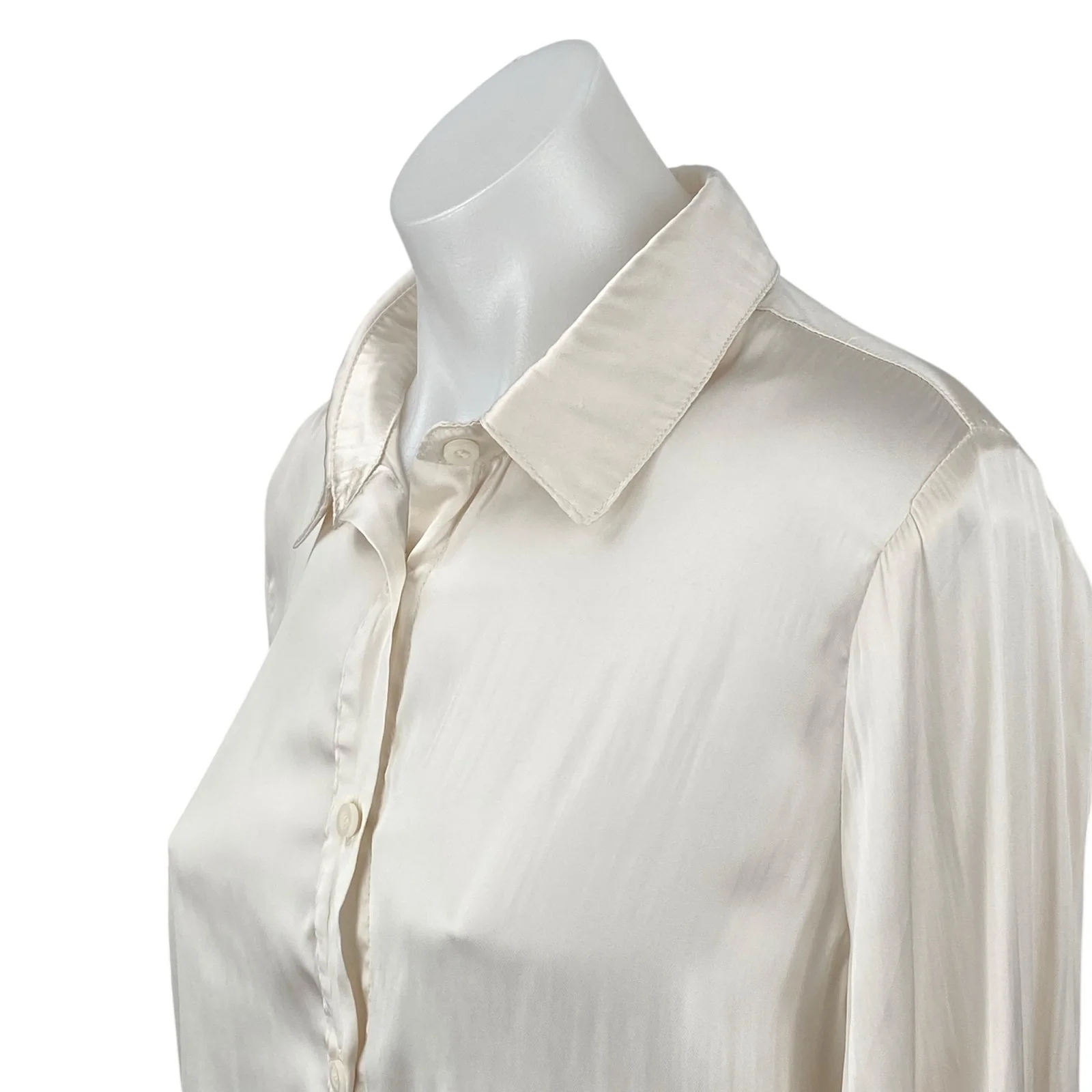 Mi Ami White Silky Satin Collared Long Sleeve Button Down Shirt Blouse Top Sz M - Image 2