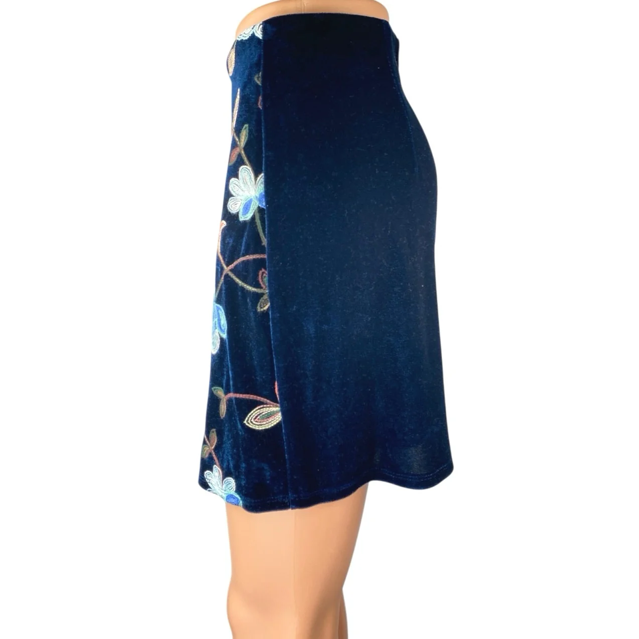 Mi Ami Women's Blue Floral Velvet Velour High Waist Zipper Mini A-Line Skirt M - Image 2