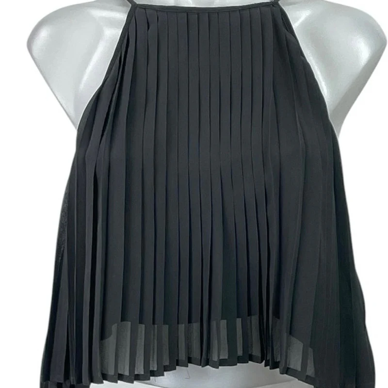 Mia Women's Black Pleated Sleeveless Halter Neck Crop Cami Camisole Tank Top 10 - Image 2