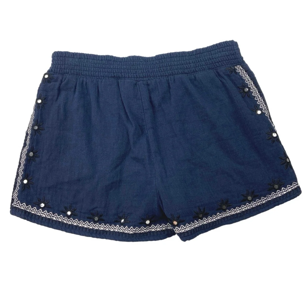 Miami Navy Blue Embroidered Sequin Detail Elastic Waist Pull On Shorts Size S - Image 2