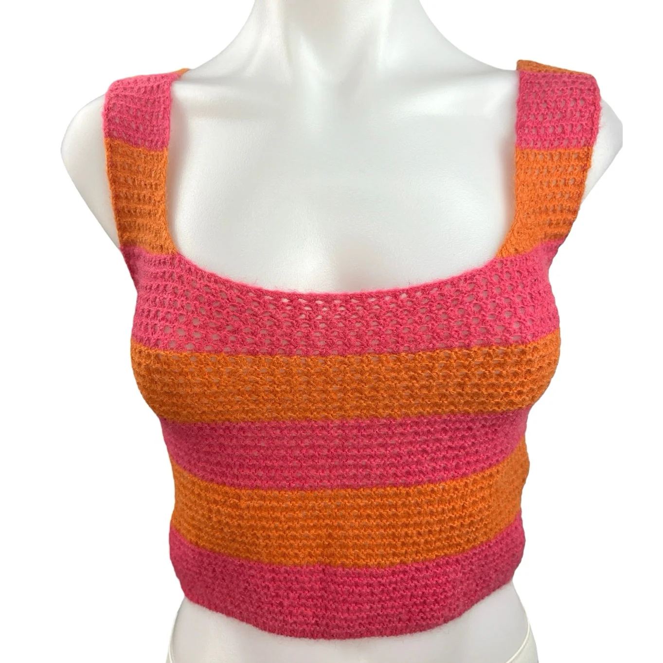 Micas Pink Orange Knit Crochet Colorblock Striped Scoop Crop Tank Top Size S - Image 3
