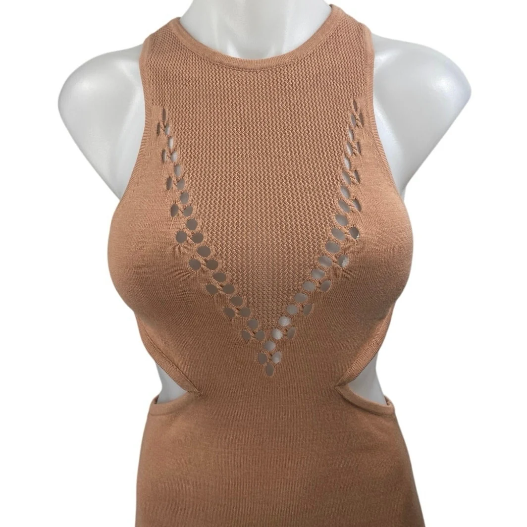 Michael Costello Tan Knit Sleeveless Cutout Waist Maxi Bodycon Dress Size S - Image 3
