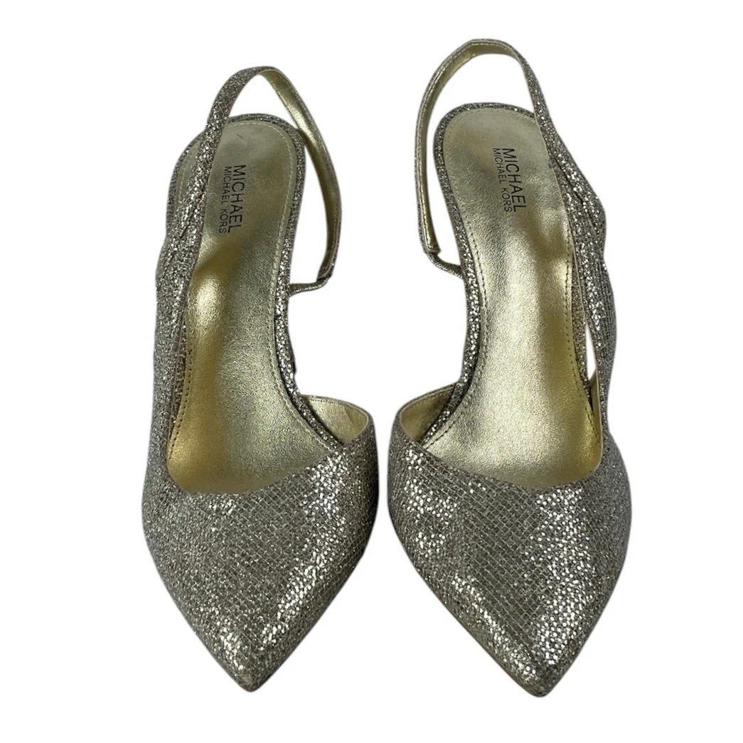 Michael Kors Alina Flex Silver Pointed Slingback Strap Pumps Stiletto Heels 8.5 - Image 2