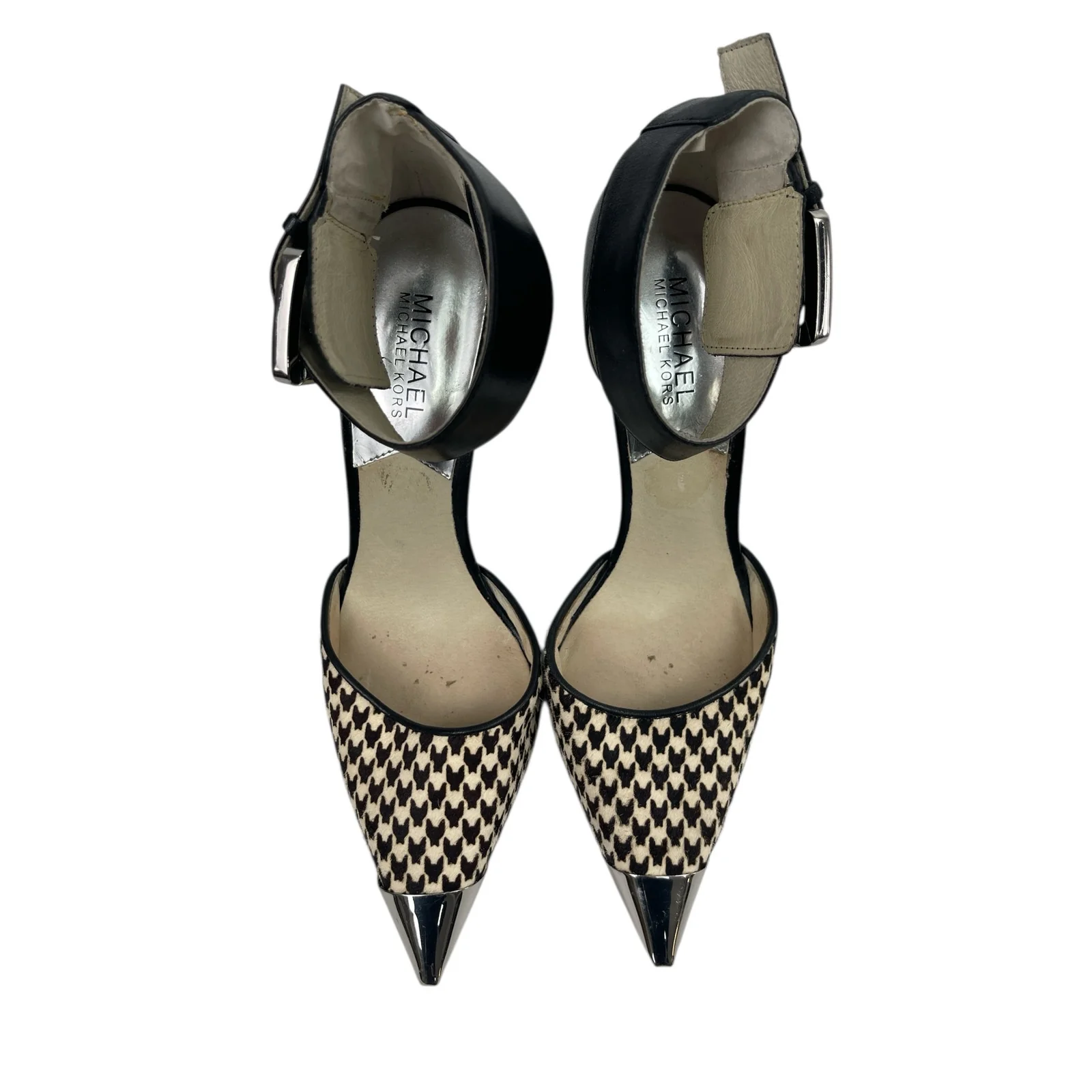 Michael Kors Black Houndstooth Pointed Toe Stiletto Heel Ankle Strap Sandals 8.5 - Image 2
