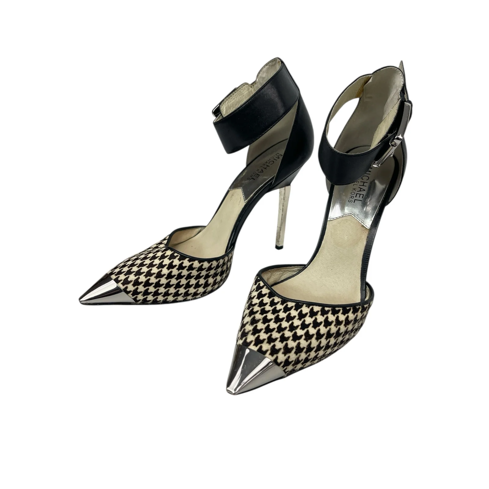 Michael Kors Black Houndstooth Pointed Toe Stiletto Heel Ankle Strap Sandals 8.5 - Image 3