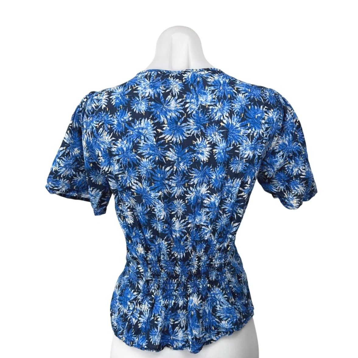 Michael Kors Blue Floral Metallic Keyhole Tie Shorts Sleeve Peplum Blouse Top S - Image 2
