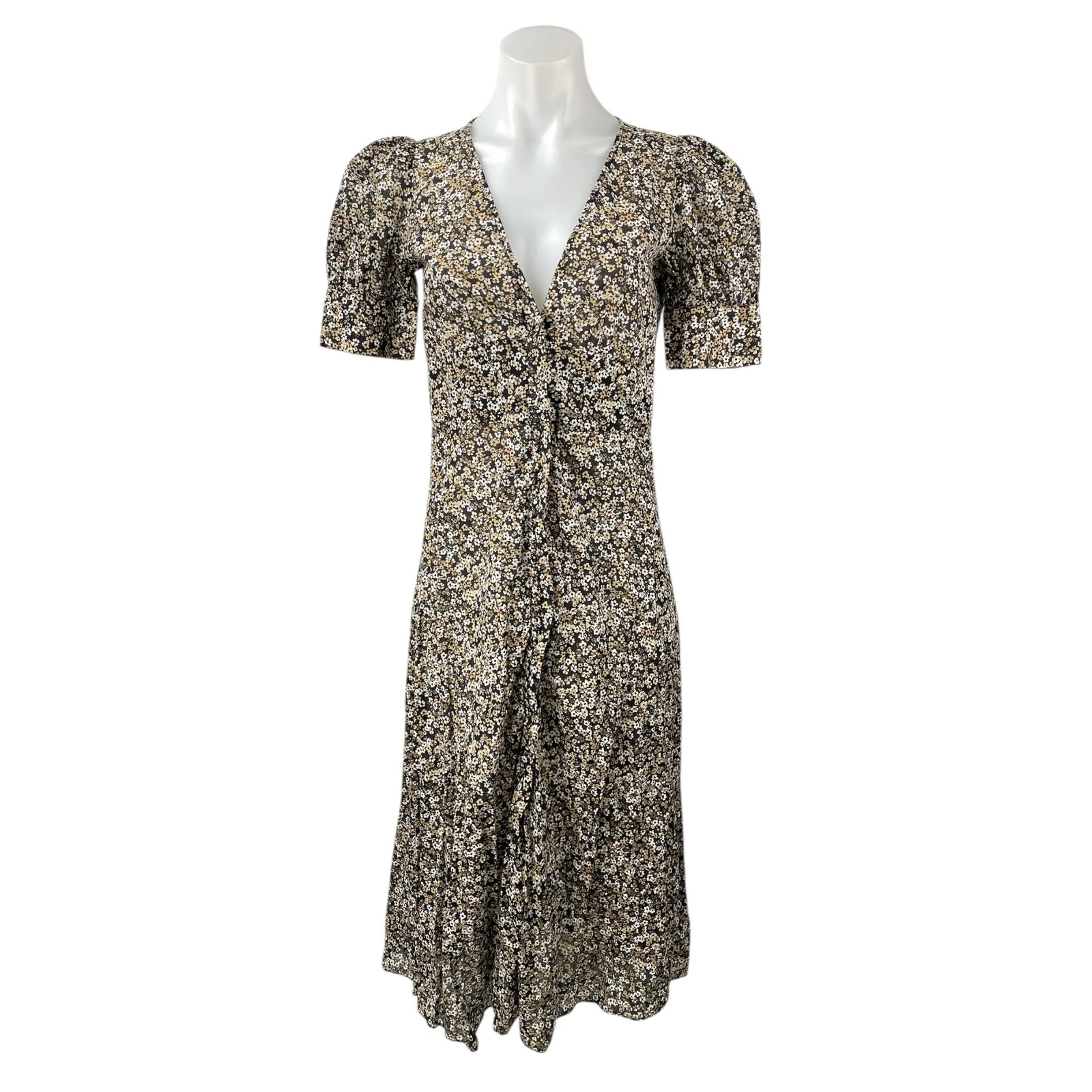 Michael Kors Floral Short Puff Sleeve Midi Button Down A-Line Shirt Dress Sz XS