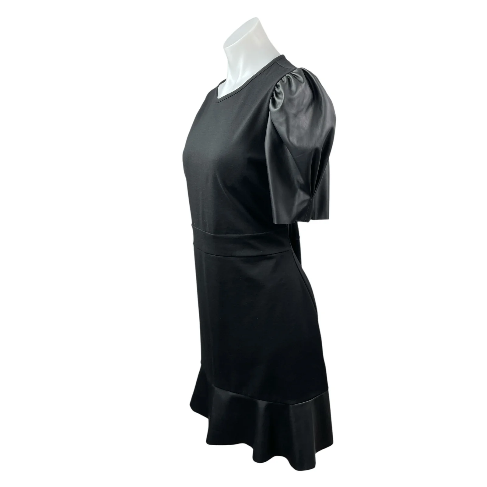 Michael Kors Ponte Faux Leather Trim Puff Sleeve Flounce Hem Mini Flare Dress L - Image 3
