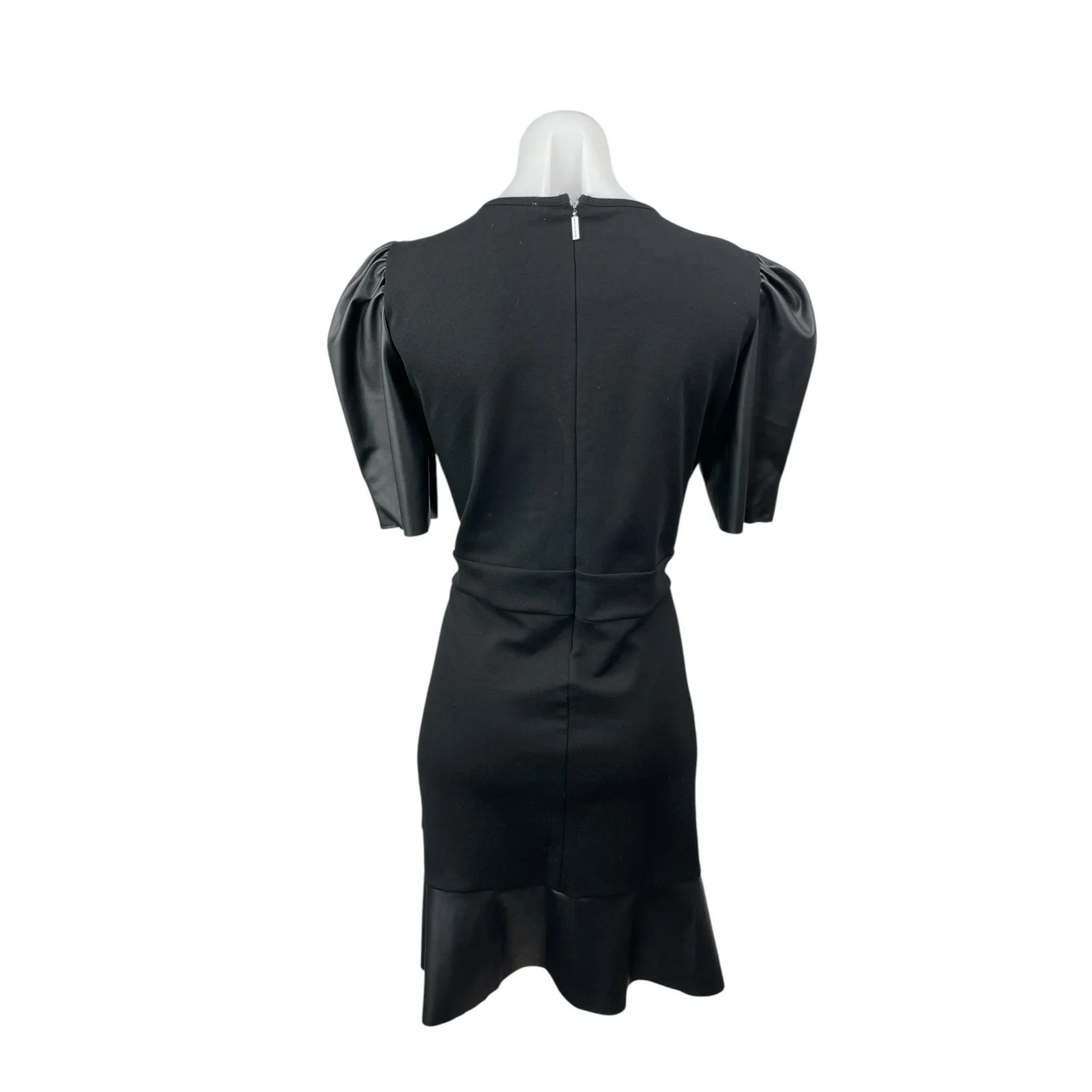 Michael Kors Ponte Faux Leather Trim Puff Sleeve Flounce Hem Mini Flare Dress L - Image 4