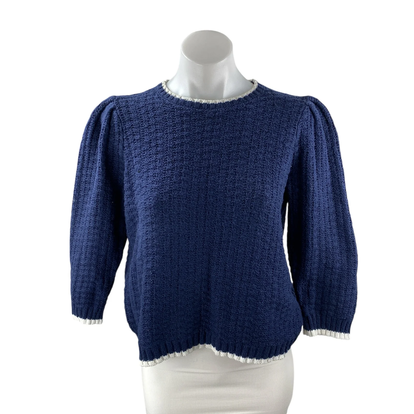 Michael Stars Navy Blue Waffle Knit Half Puff Sleeve Blouse Sweater Top Size M