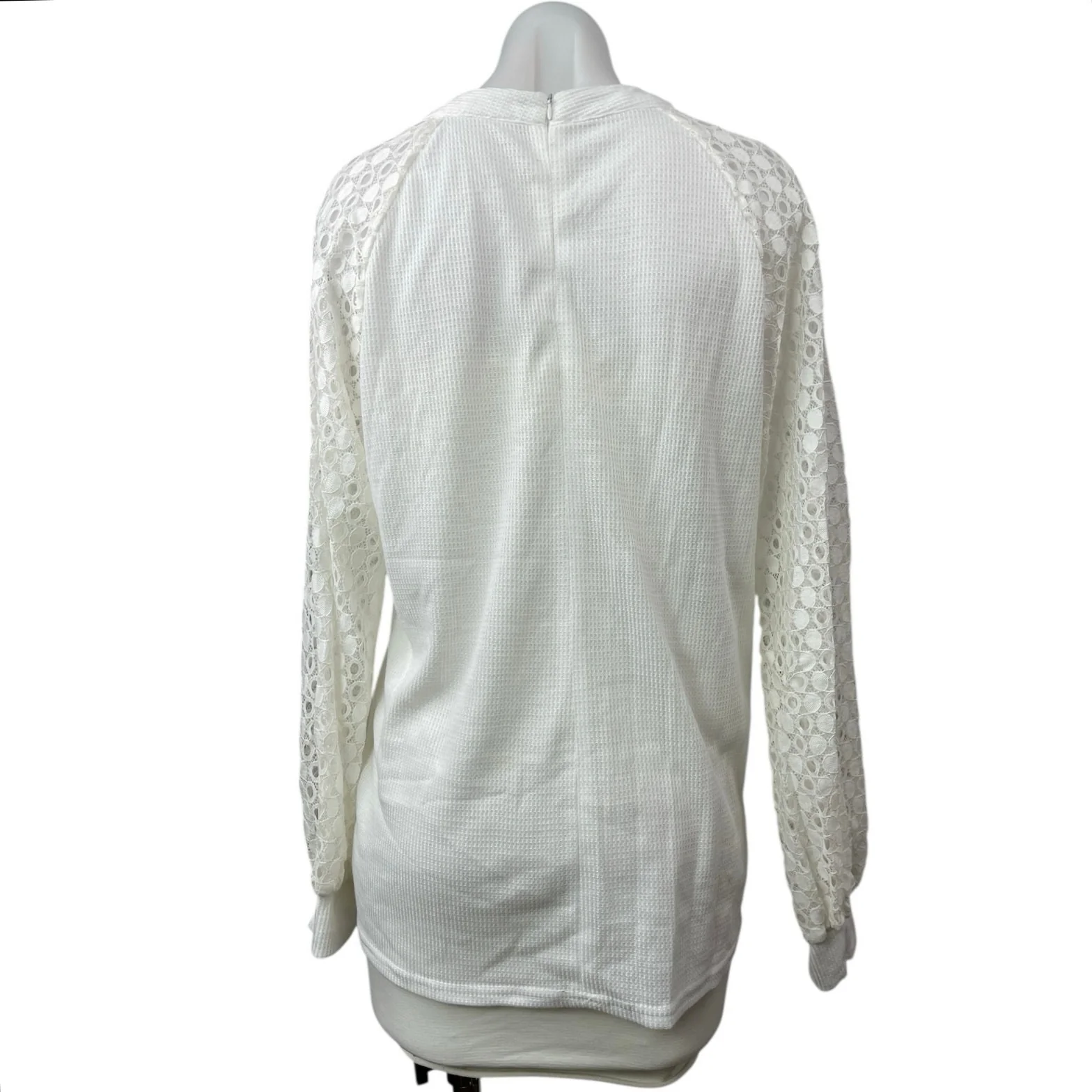 Miholl Women's White Lace Crew Neck Long Sleeve Waffle Knit Sweater Top Size M - Image 2