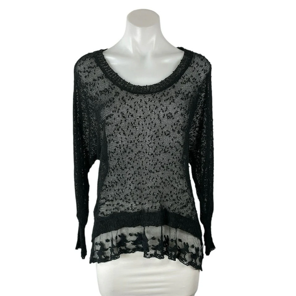 Millau Black Sheer Mesh Lace Long Sleeve Tee T-Shirt Tunic Blouse Sweater Top M