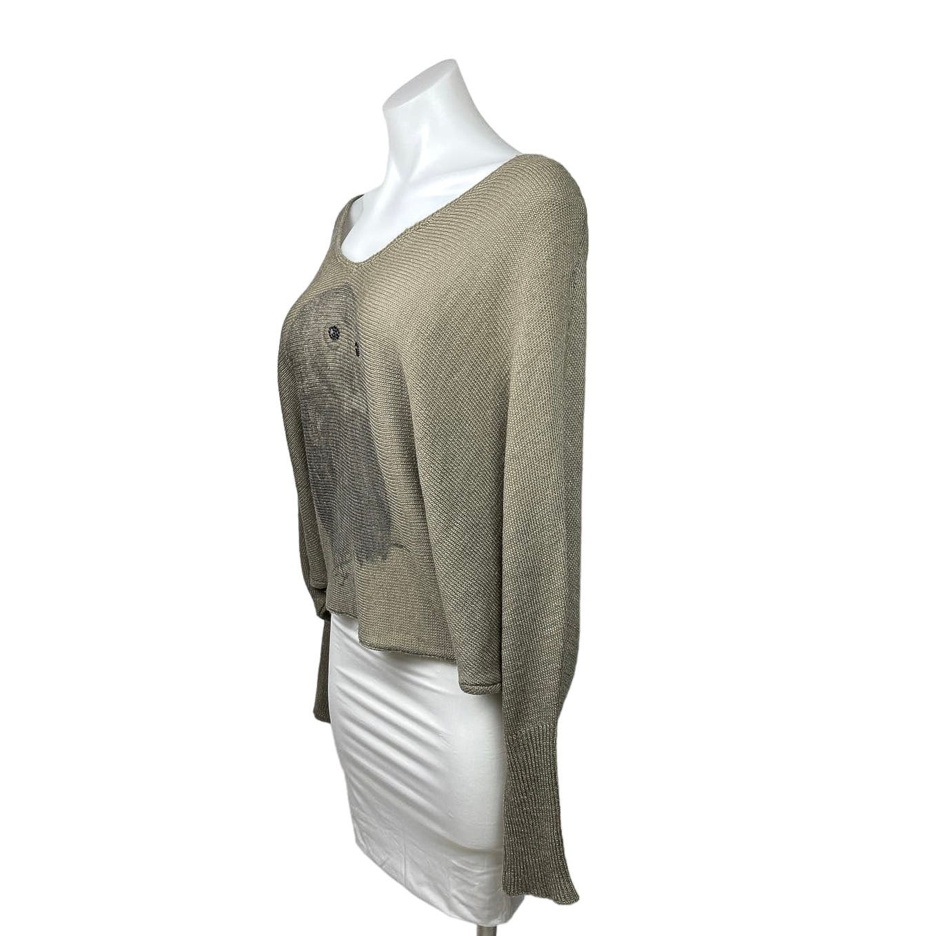 Millau Brown Tan Owl Print Beaded V-Neck Dolman Sleeve Pullover Sweater Top Sz S - Image 2