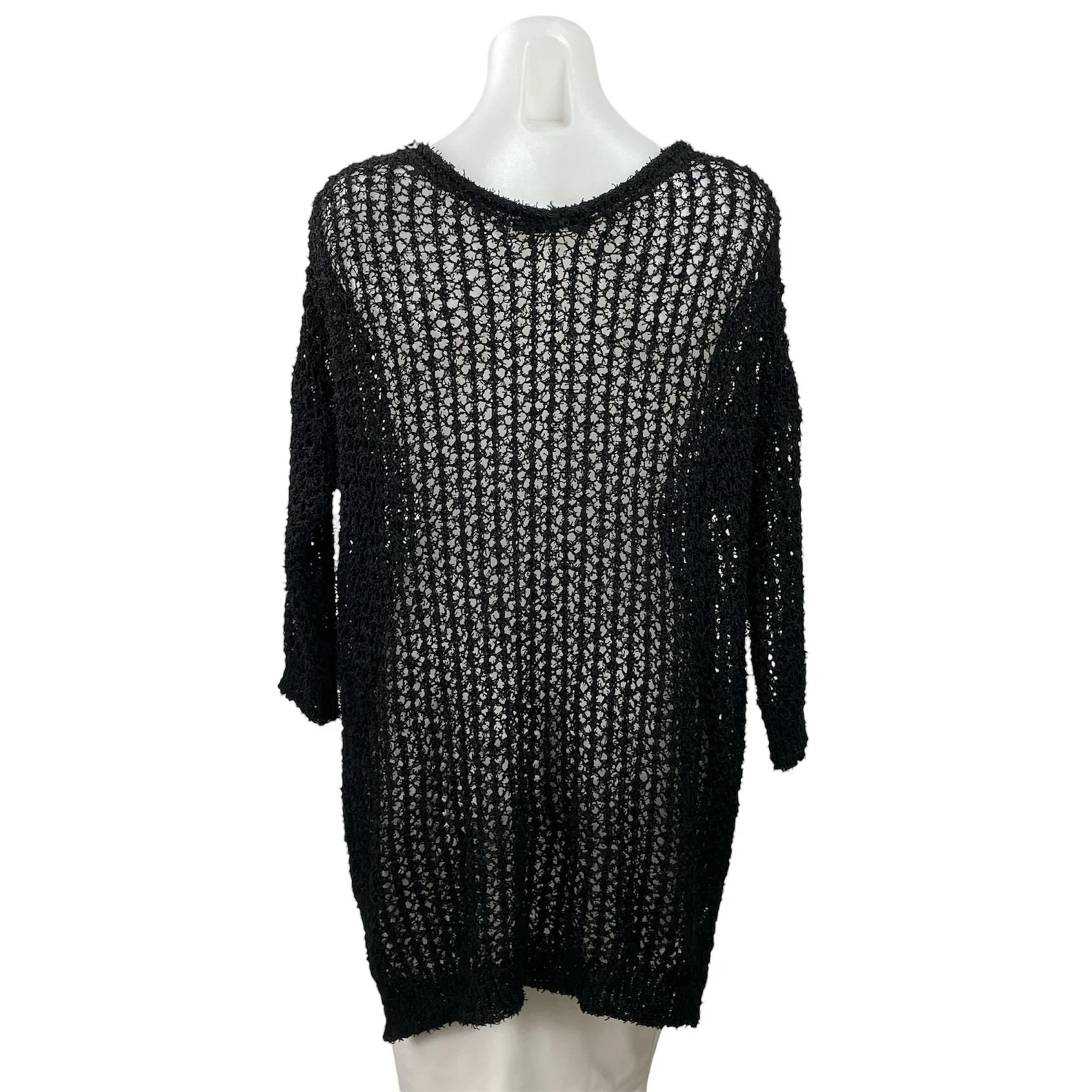 Millau Women's Black 3/4 Sleeves Open Knit Crochet V-neck Tunic Blouse Top Sz S - Image 3