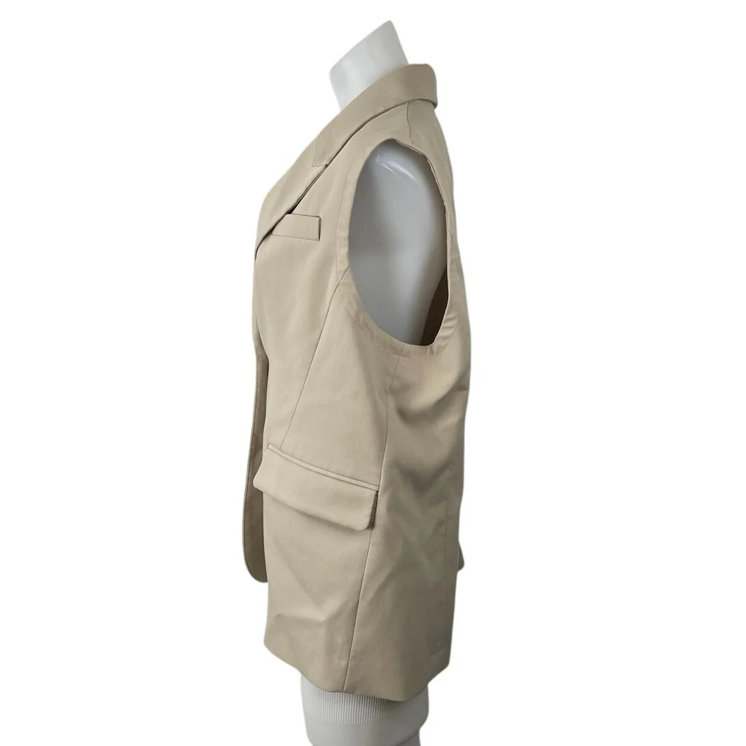 Mina Self Women's Beige Peak Lapel Sleeveless Vest Blazer Coat Jacket Size L - Image 3