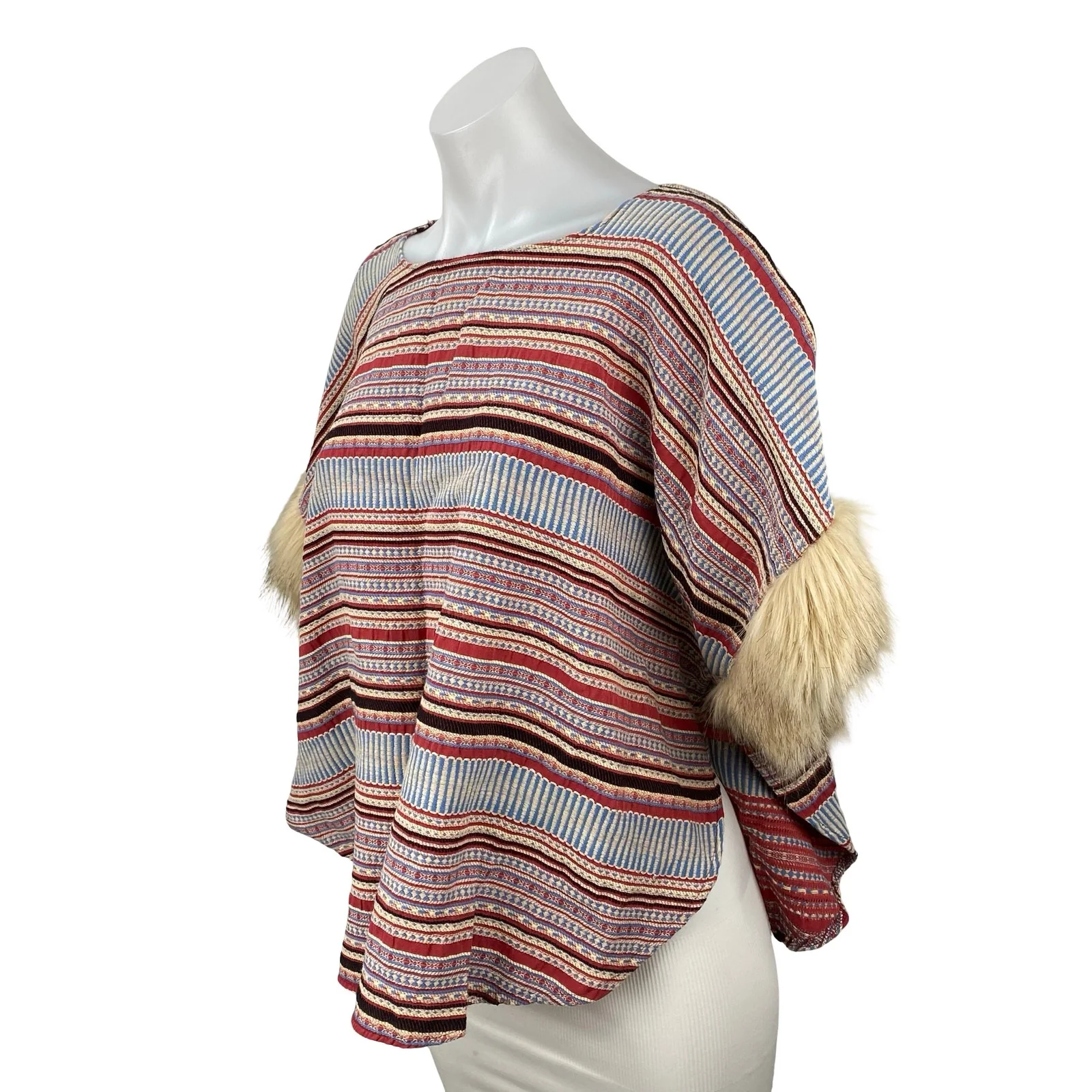 Minkie Women's Red Striped Faux Fur Fringe Short Sleeve Sweater Top Size OS - Image 2