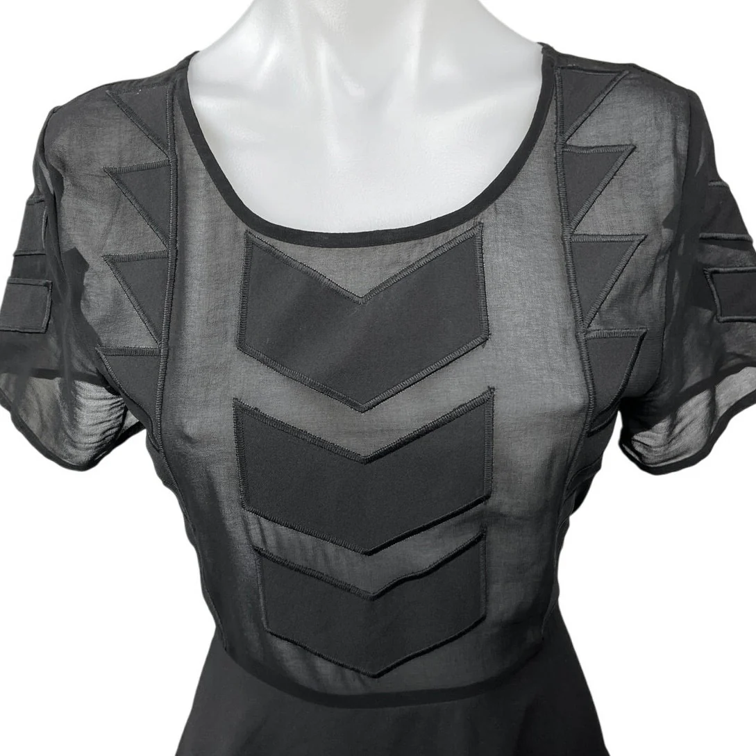 MinkPink Black Zephyr Chevron Embroidered Short Sleeve Sheer A-Line Mini Dress S - Image 3