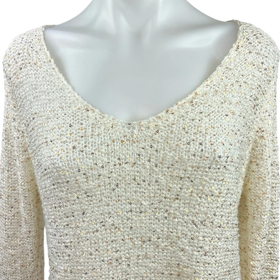 Miracle City White Wool Blend Knitted Sequin Long Sleeve Pullover Top Size S/M - Image 3