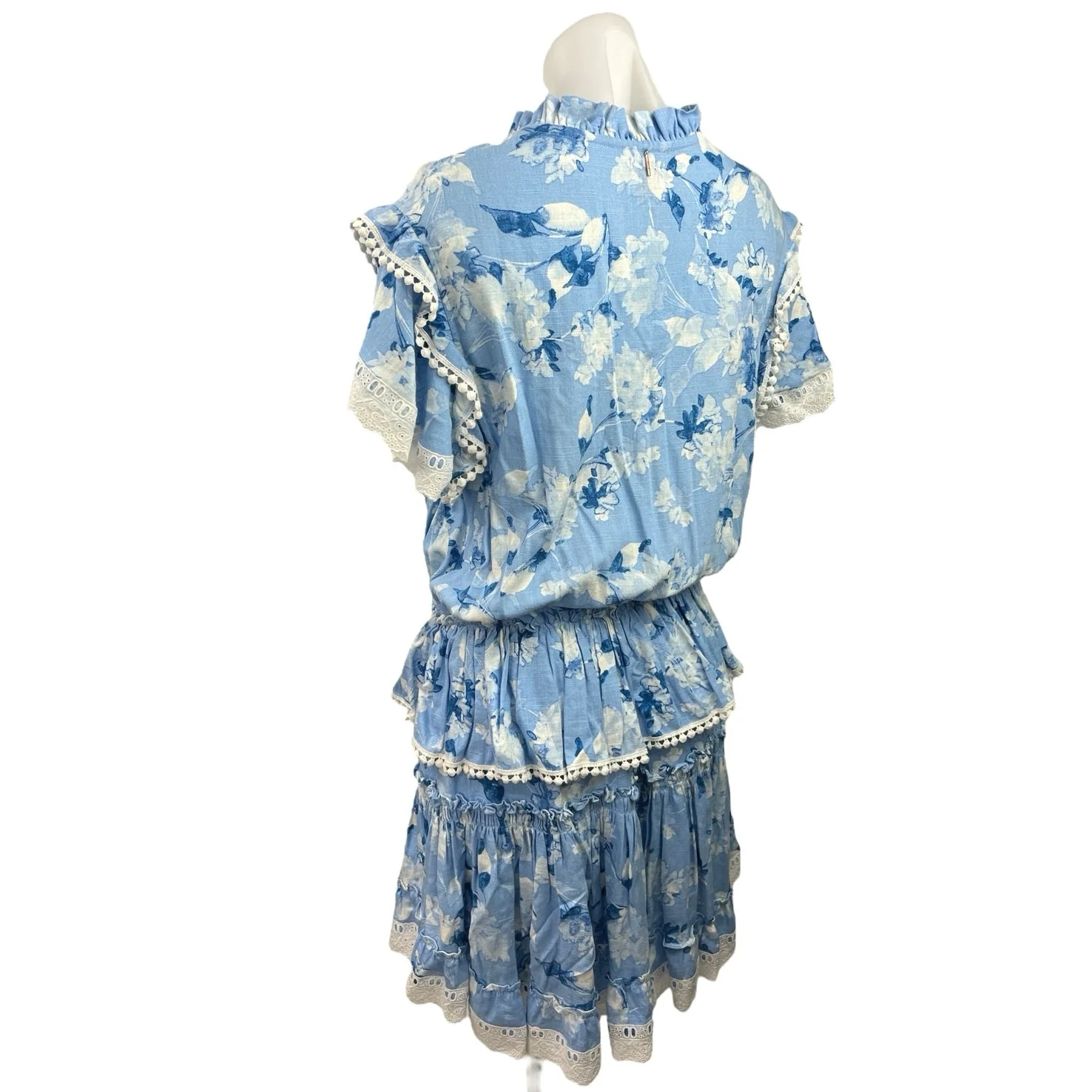 Misa Blue White Floral Ruffle Pompom Embroidered Tiered Mini Blouson Dress Sz L - Image 2