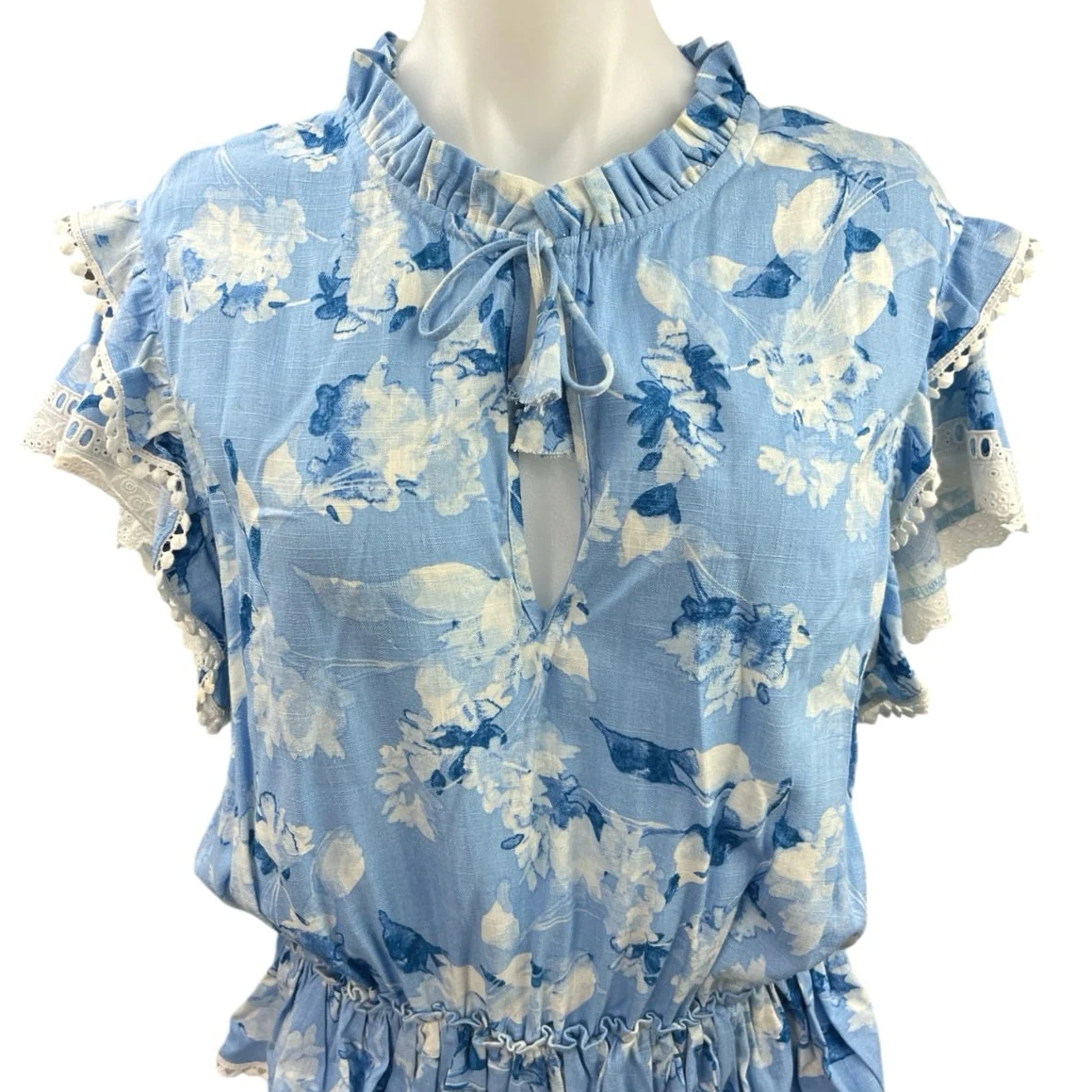 Misa Blue White Floral Ruffle Pompom Embroidered Tiered Mini Blouson Dress Sz L - Image 3