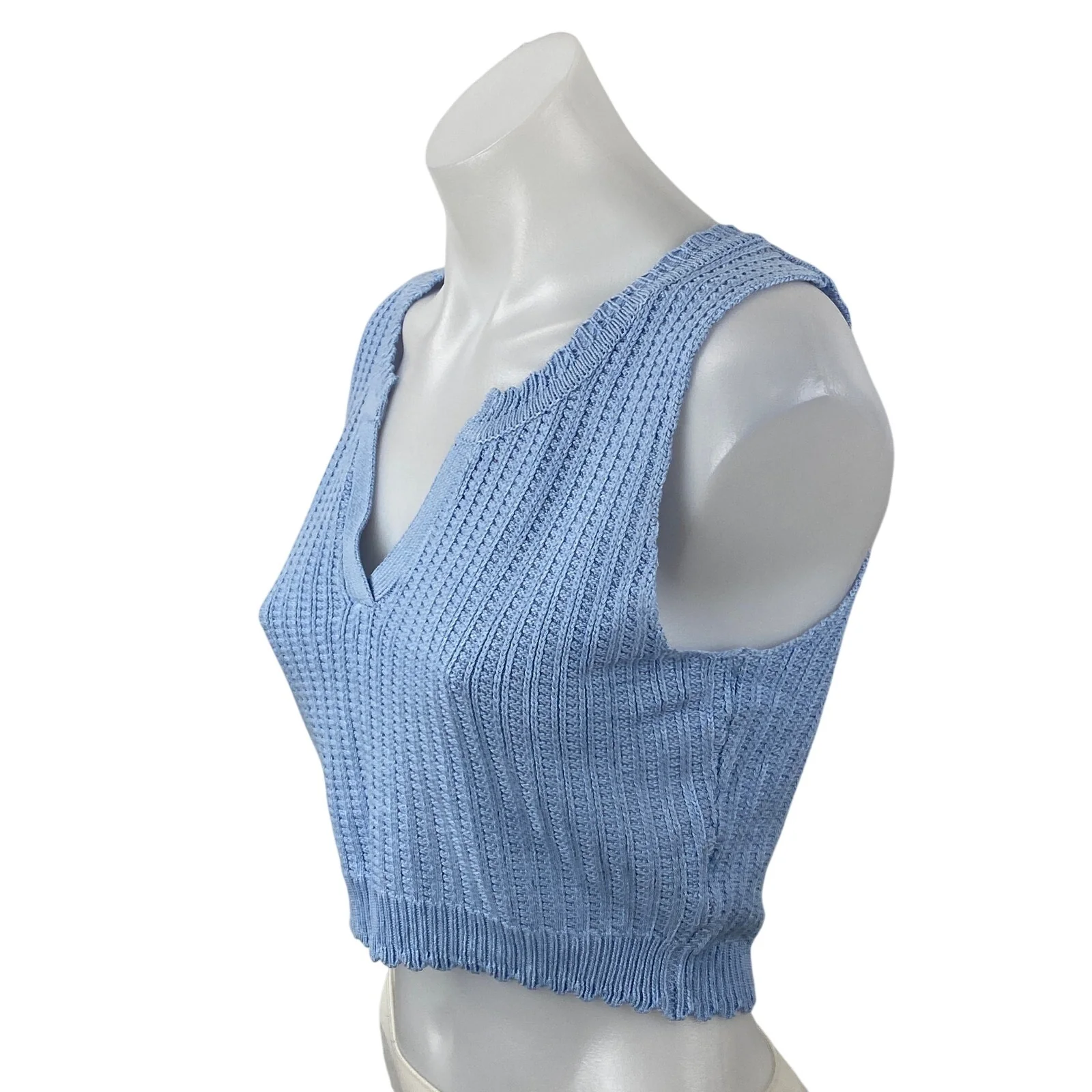 Miss Love Blue Rib Waffle Knit V Neck Sleeveless Cropped Sweater Vest Top Size M - Image 2