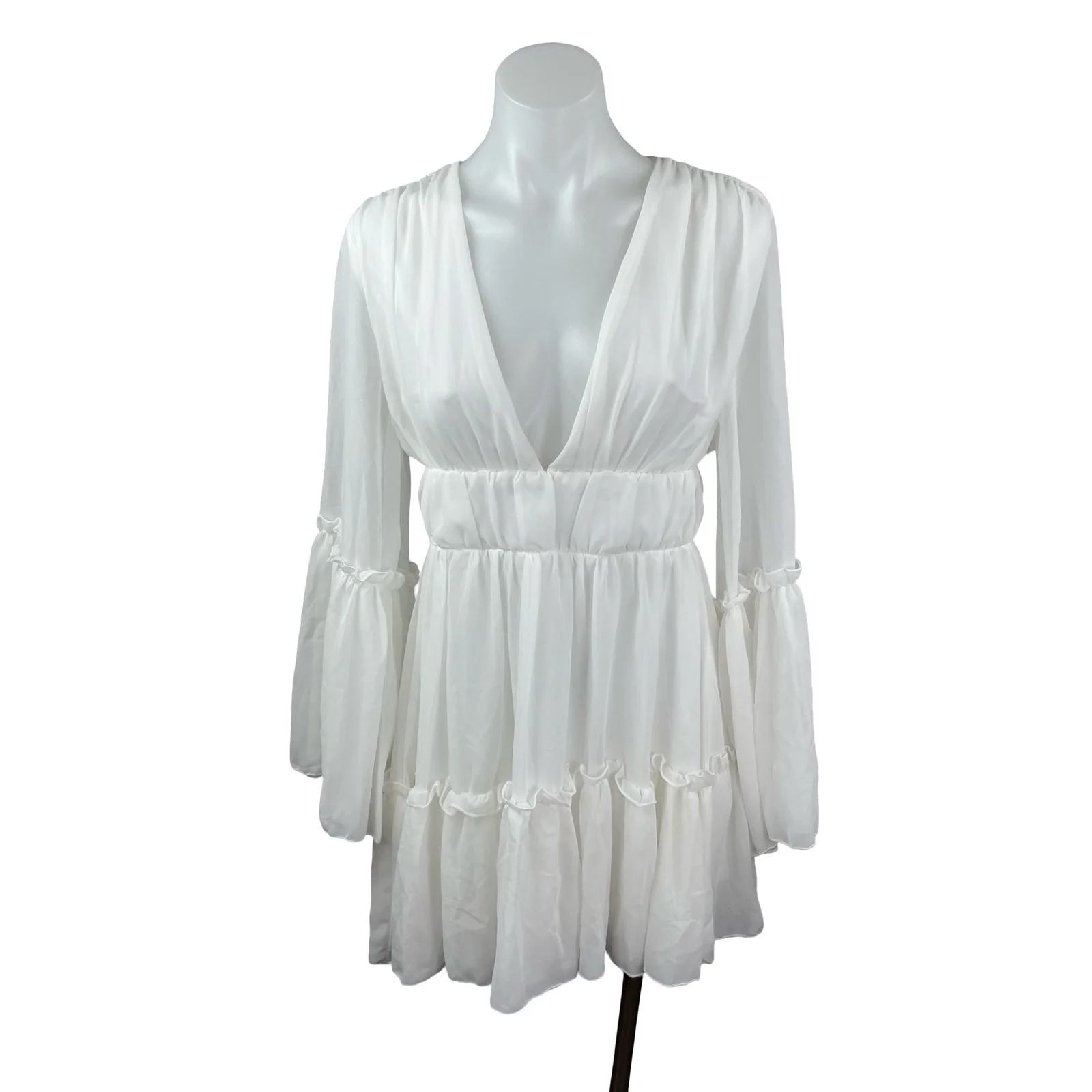 Miss Ord Women's White Deep V Neck Long Sleeve Tiered Mini Flare A-Line Dress XS