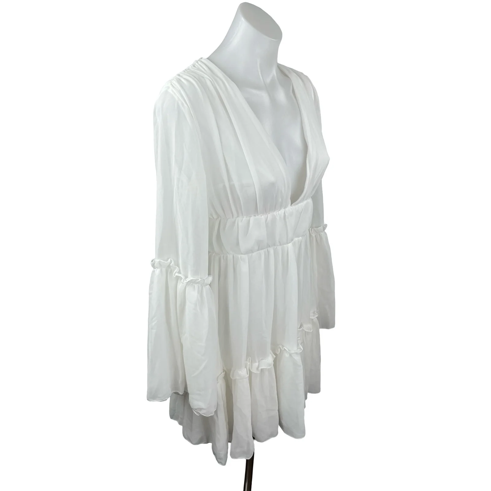 Miss Ord Women's White Deep V Neck Long Sleeve Tiered Mini Flare A-Line Dress XS - Image 2