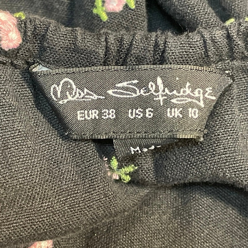 Miss Selfridge Black Floral Embroidered Puff Sleeve Fit & Flare Mini Dress Sz 6 - Image 4