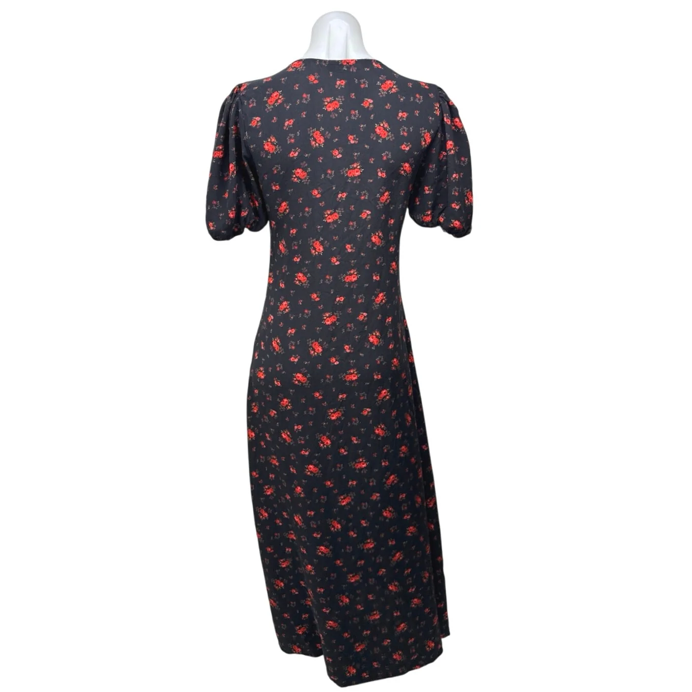 Miss Selfridge Black Floral Lace V-Neck Short Puff Sleeve Midi Shirt Dress Sz 4 - Image 2