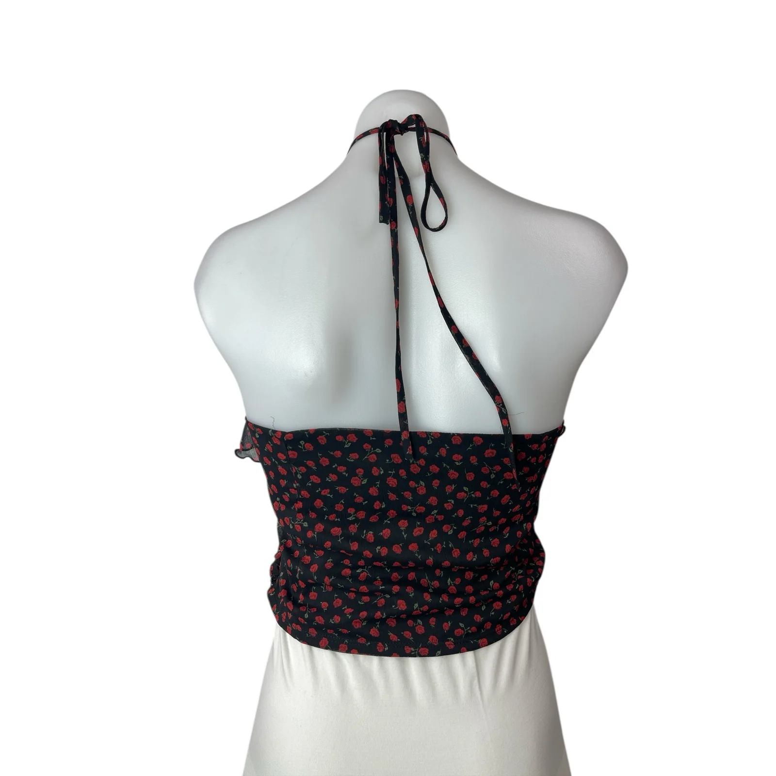 Miss Selfridge Black Floral Rose Halter Ruffle Open Back Sleeveless Blouse Top 6 - Image 2
