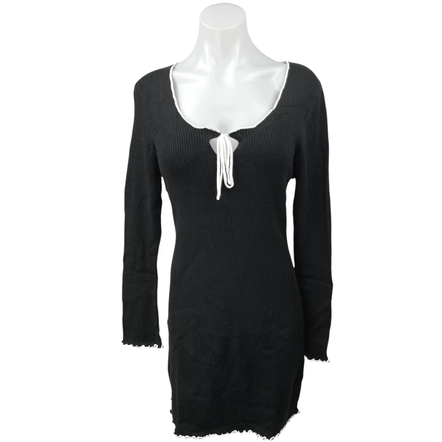 Miss Selfridge Black Ribbed Knit Scoop Long Sleeve Mini Bodycon Sweater Dress 14