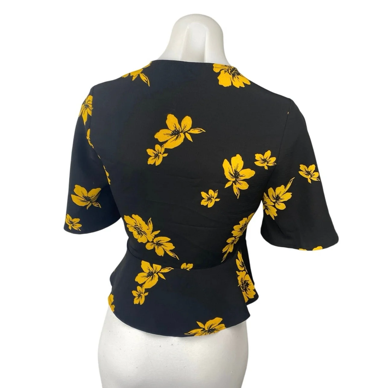Miss Selfridge Black Yellow Floral Short Sleeve Wrap Peplum Blouse Top Size 2 - Image 2