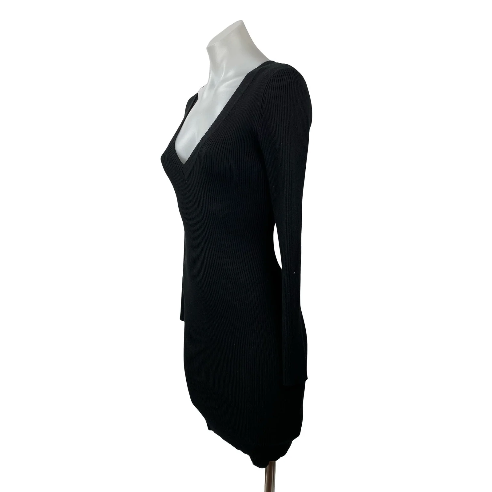 Missguided Black Ribbed Knit Long Sleeve Deep V Neck Mini Bodycon Dress Size 6 - Image 2