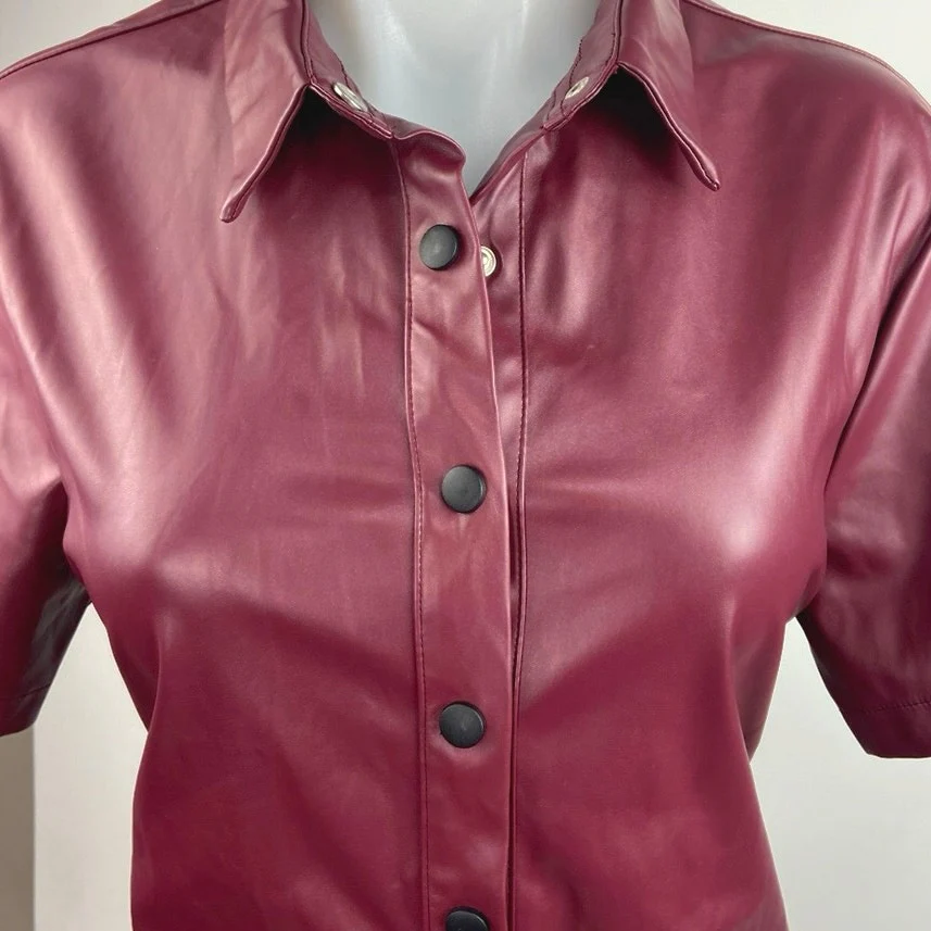 Missguided Purple Faux Leather Button Down Short Sleeve Collar Shirt Dress Sz 8 - Image 3