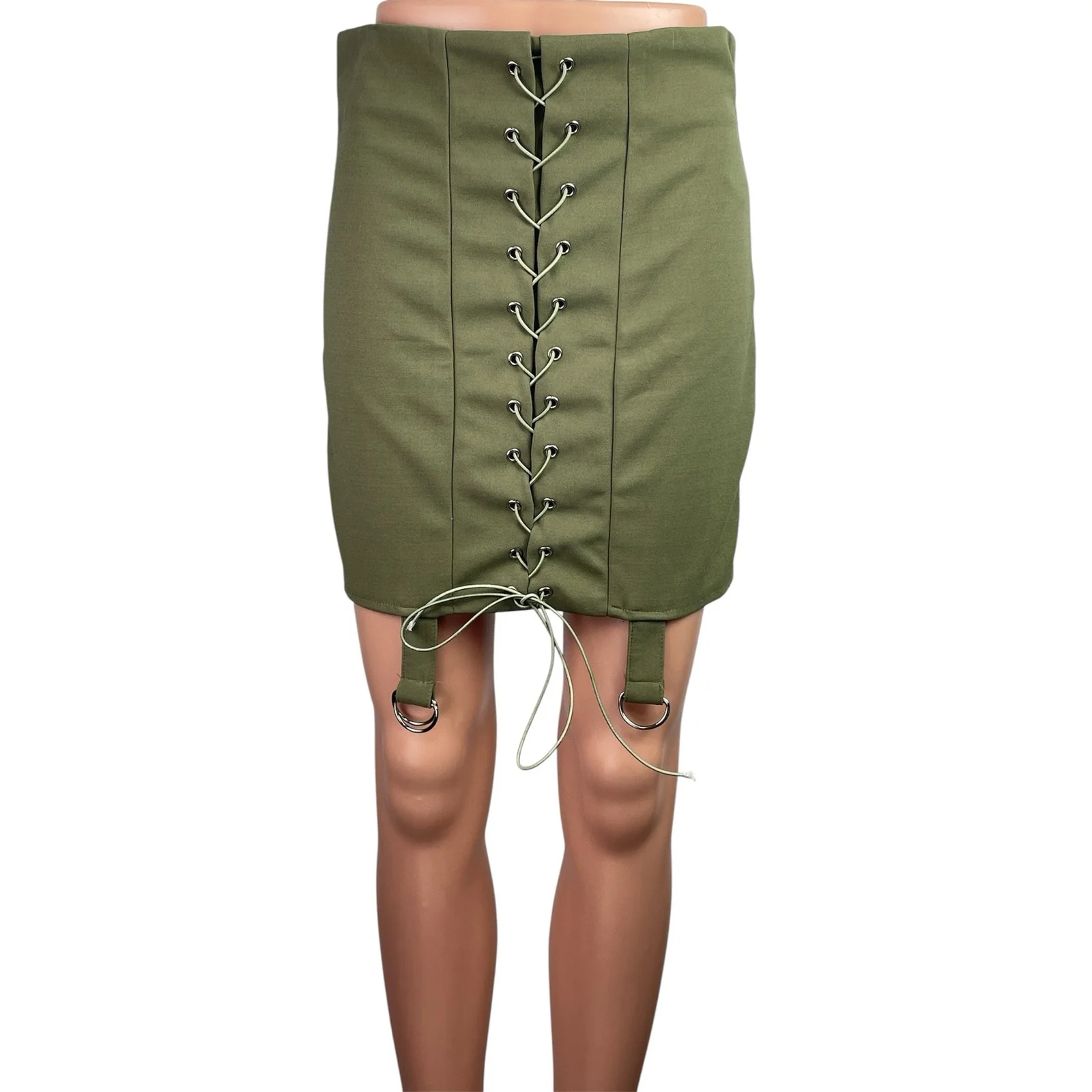 Missguided Women's Green Lace Up Strap Back Zip Mini Straight Pencil Skirt Sz 8