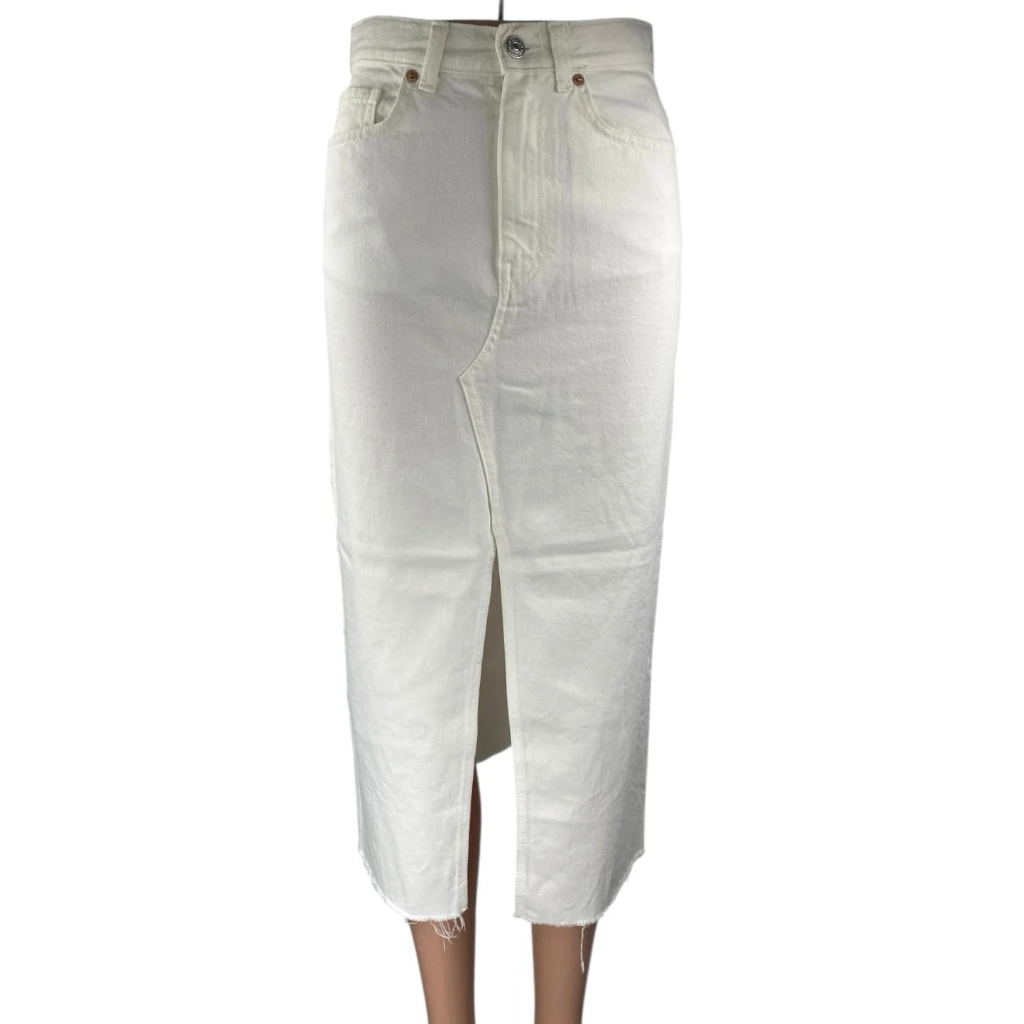 MNG Mango Anais White High Waisted Split Pencil Midi Denim Jean Skirt Size XS