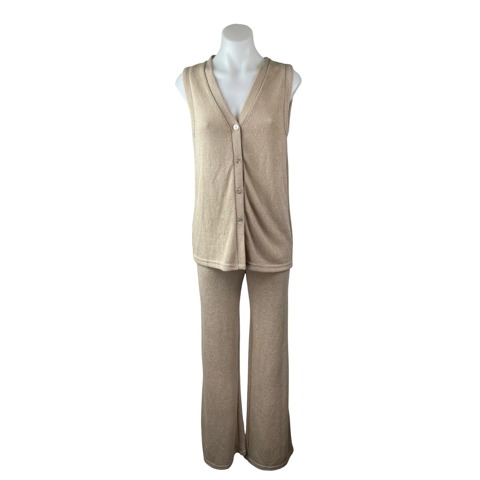 MNG Mango Beige Knit Sleeveless Button Up V Neck Wide Leg Pants 2 Pc Set Size S