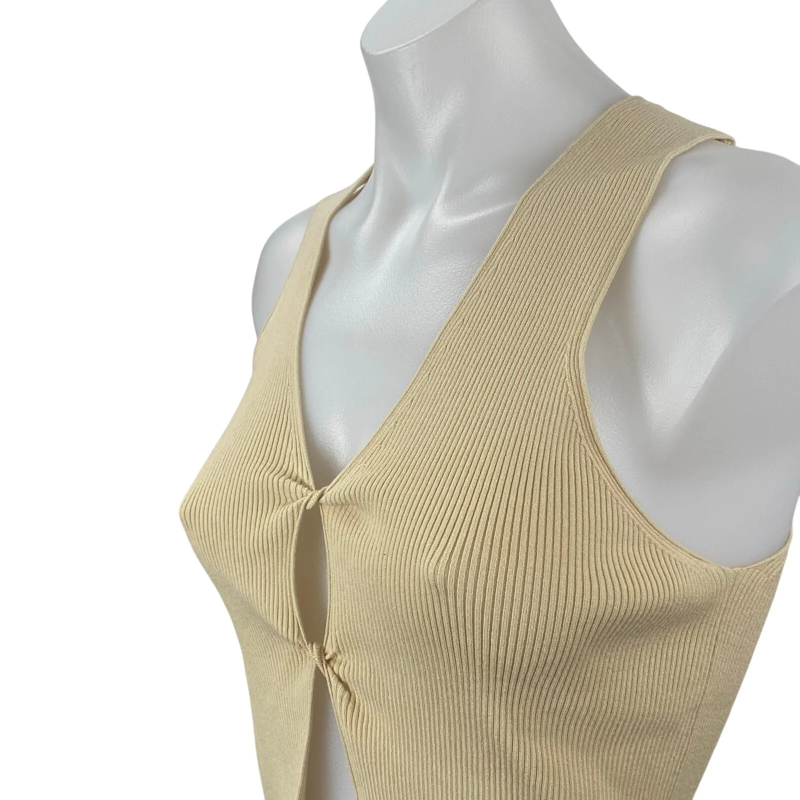 MNG Mango Beige Ribbed Sleeveless Twist Front Cami Tank Cardigan Sweater Vest M - Image 2