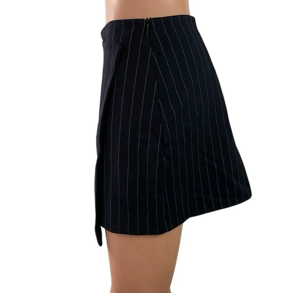 MNG Mango Black Pinstriped High Waisted Mini Wrap Straight Pencil Skirt Size S - Image 2