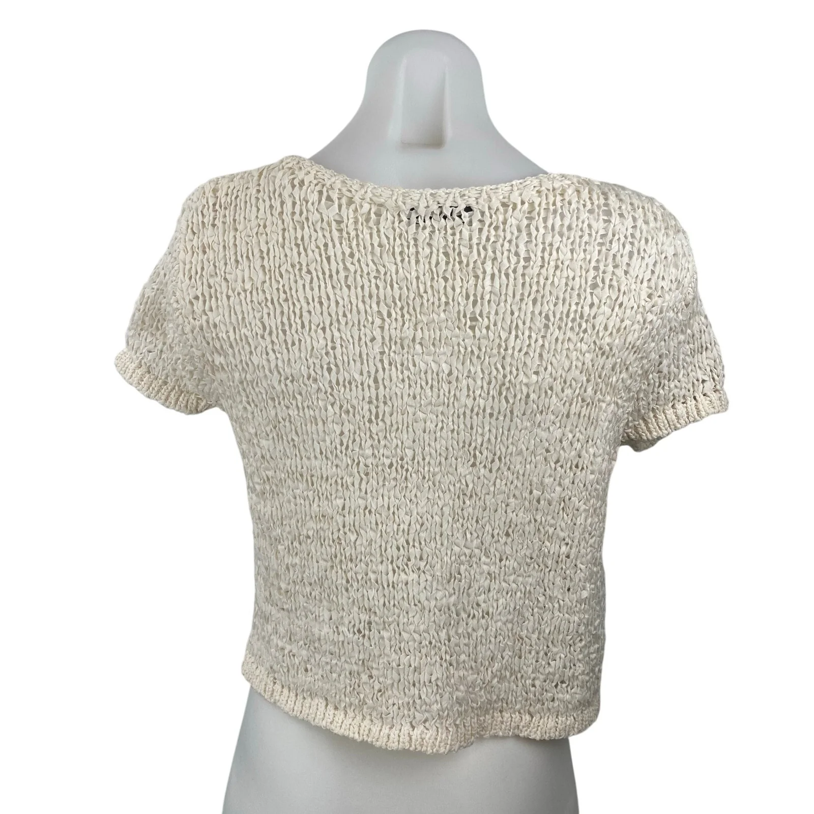 MNG Mango Bow Closure Cream Open Knit Crochet Cap Sleeve Cardigan Blouse Top M - Image 4