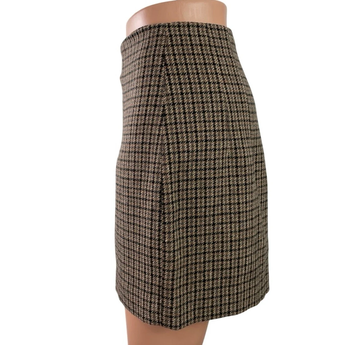 MNG Mango Brown Beige Wool Houndstooth Plaid Pleated Pencil Mini Skirt Size S - Image 2
