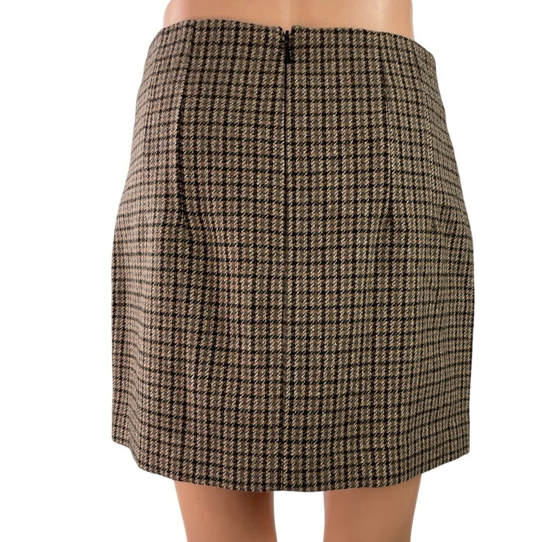 MNG Mango Brown Beige Wool Houndstooth Plaid Pleated Pencil Mini Skirt Size S - Image 3