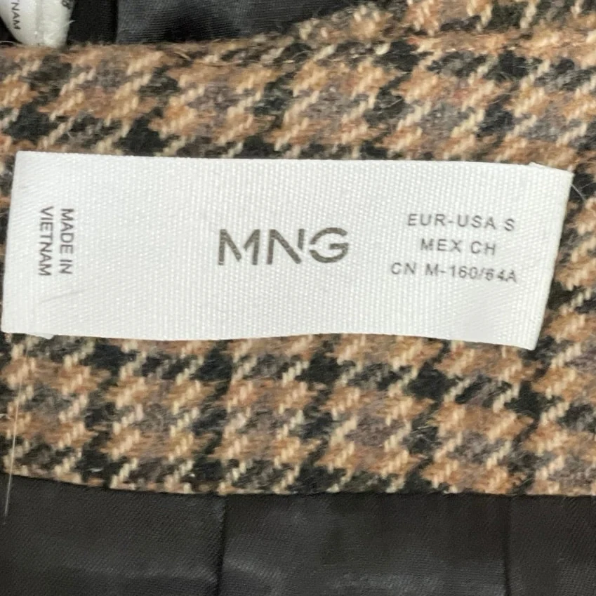 MNG Mango Brown Beige Wool Houndstooth Plaid Pleated Pencil Mini Skirt Size S - Image 4