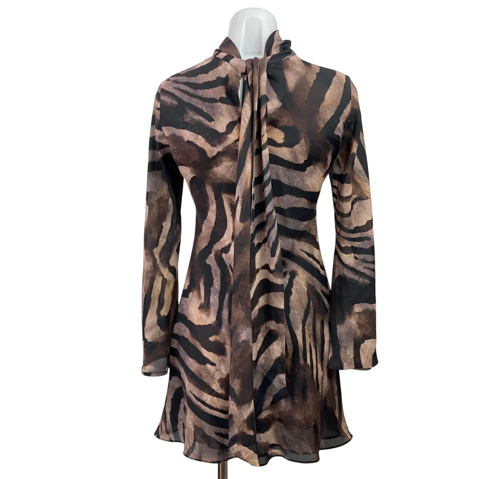 MNG Mango Brown Satin Zebra Back Bow Mock Neck Long Sleeve A Line Mini Dress 2 - Image 3