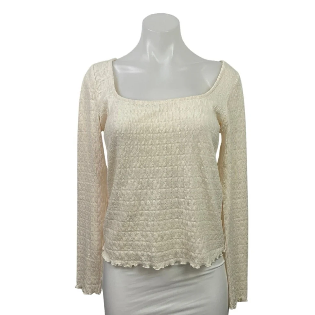 MNG Mango Cream Long Sleeve Textured Lettuce Edge Square Neck Blouse Top Size L