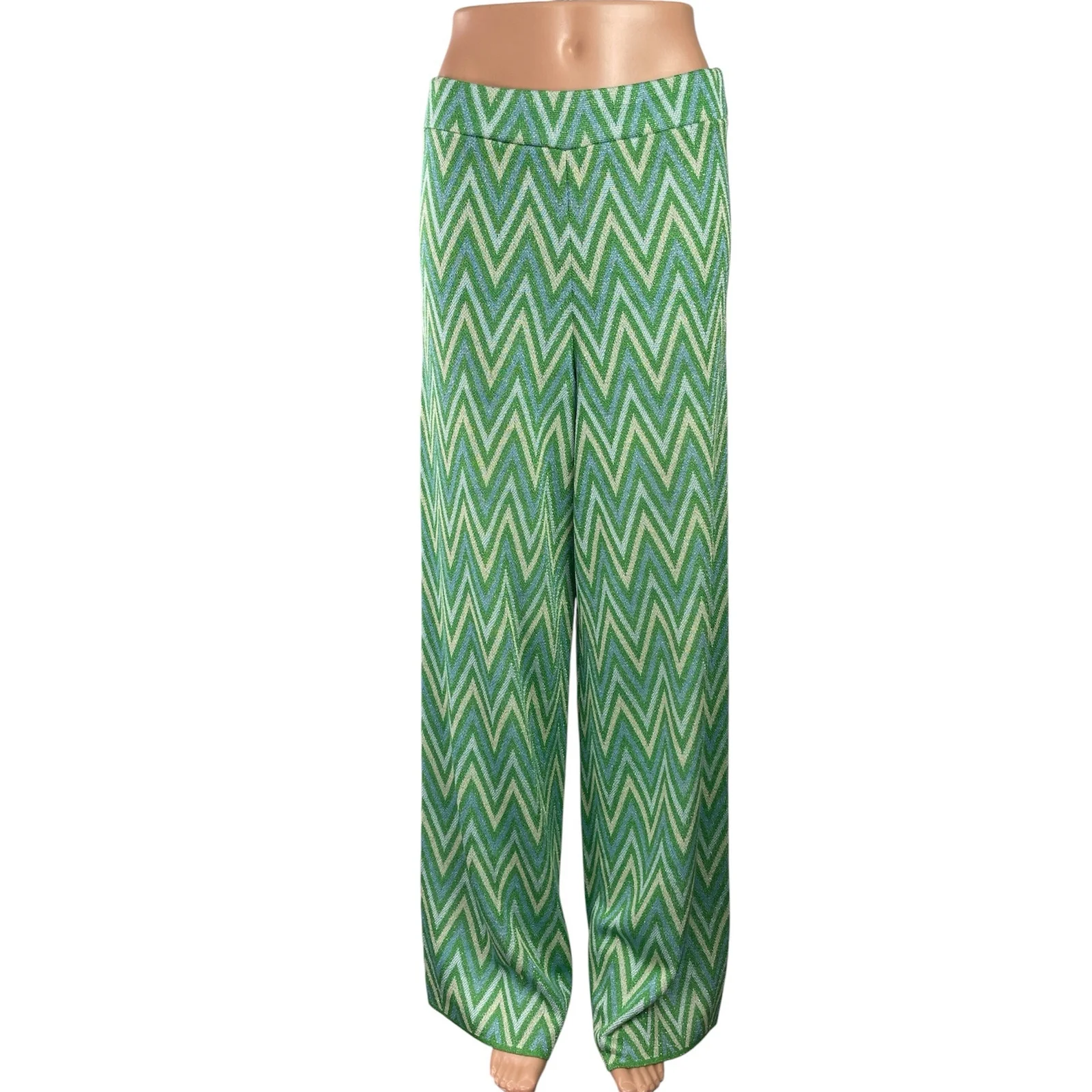 MNG Mango Massiel Green Chevron High Waisted Wide Leg Palazzo Trousers Pants M