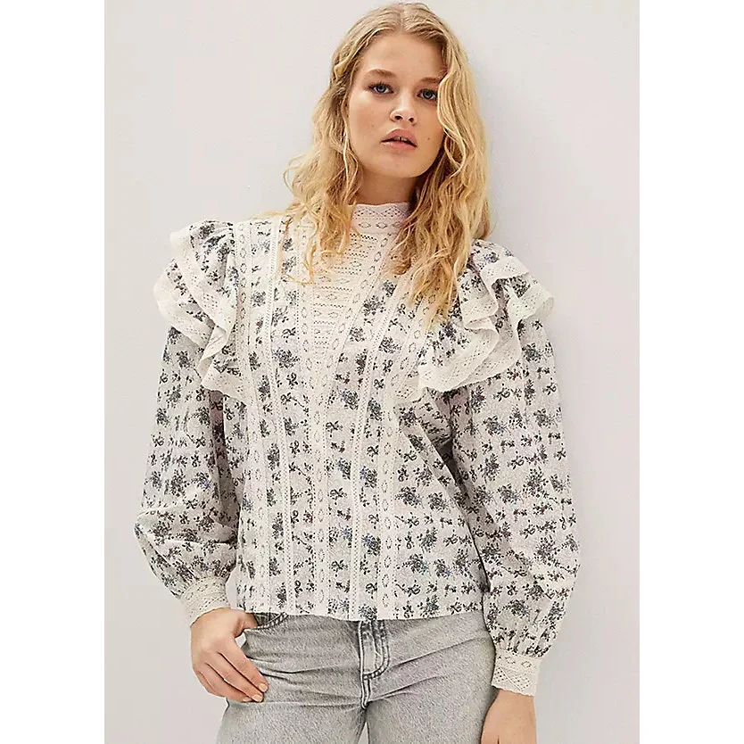MNG Mango Overy Cream Black Floral Lace Embroidered Long Sleeve Blouse Top Sz 4 - Image 5